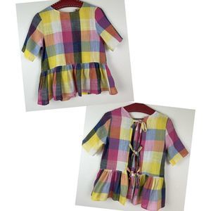 Short Sleeve Rainbow Plaid Tie Back Peplum Hem Top Small